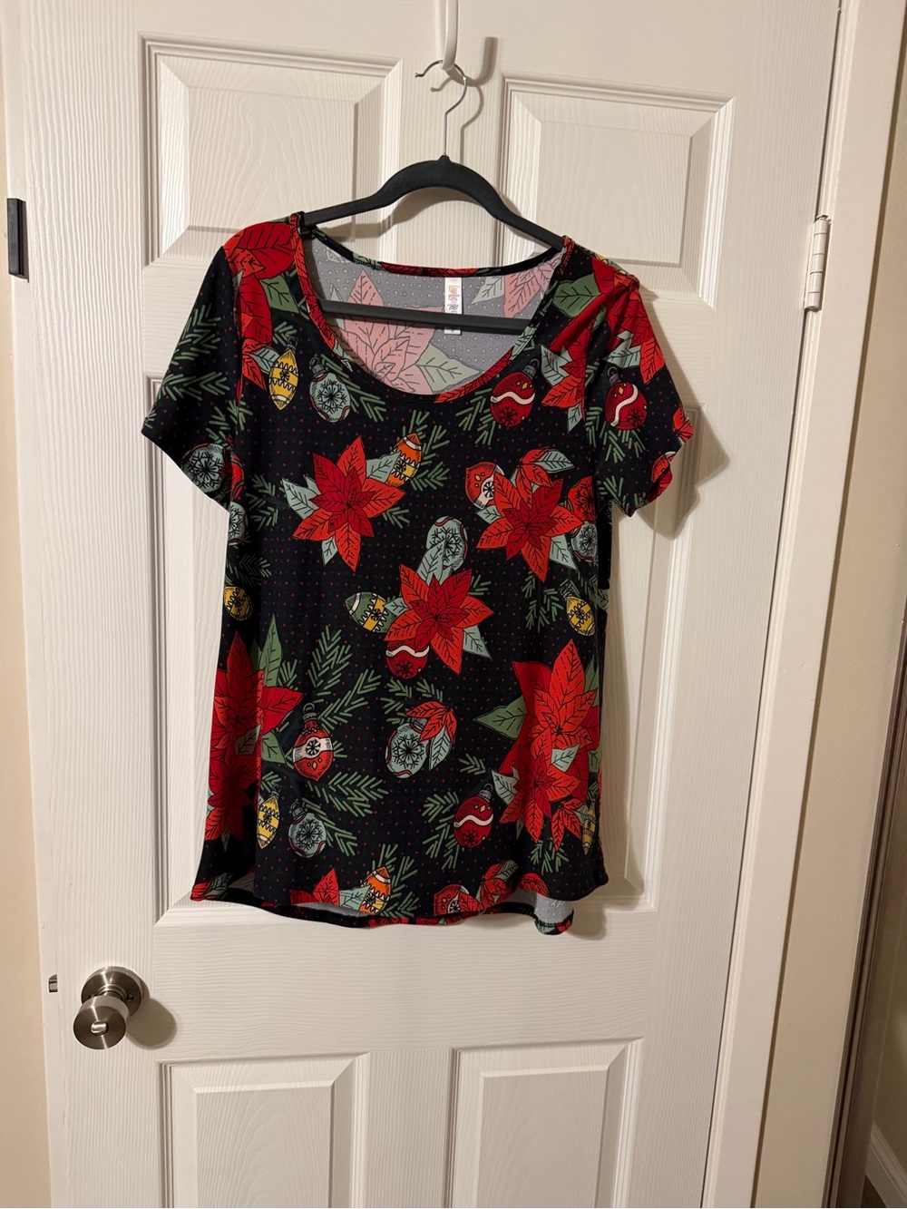 LuLaRoe Black Top with Red & Green Holiday Ornament Print